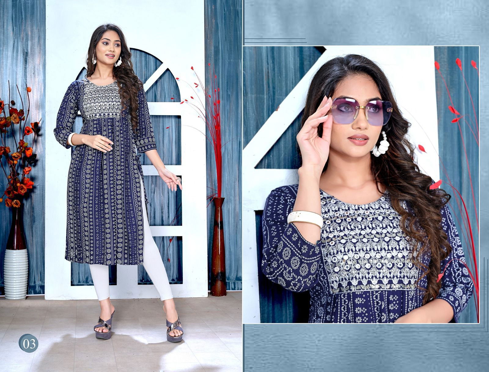 Golden Blissfull 2 Rayon Printed Flared Naira Cut  Kurti Catalog
